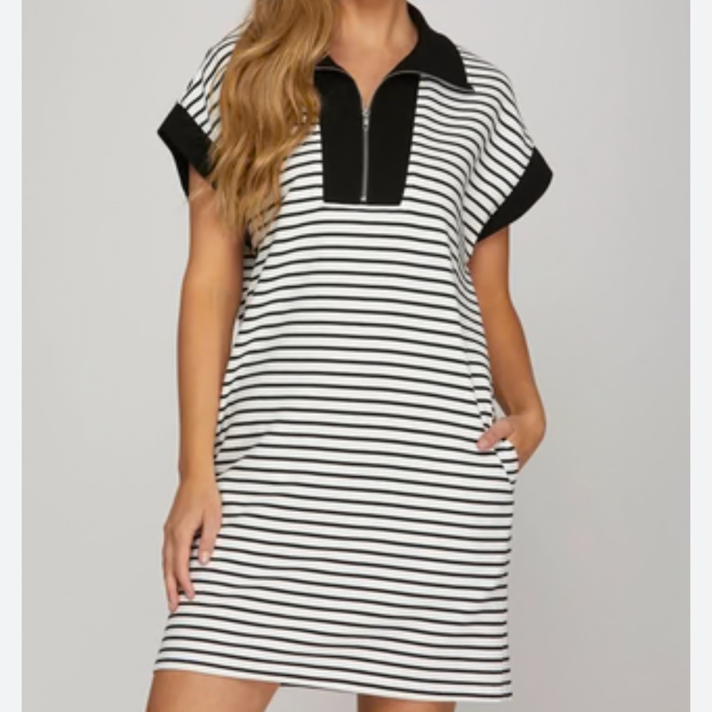 She + Sky Black and White Striped Zip Polo Mini Dress